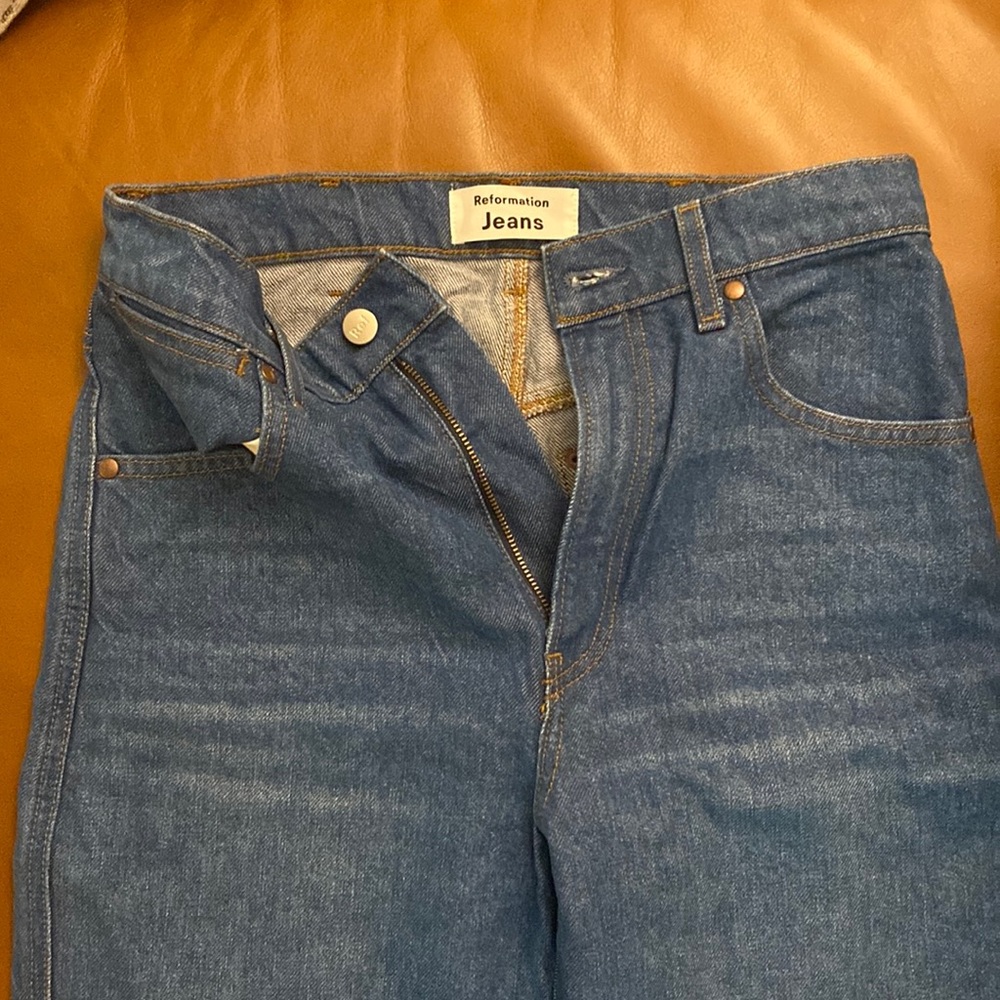 Reformation Jeans: cropped straight leg blue jeans, size 27